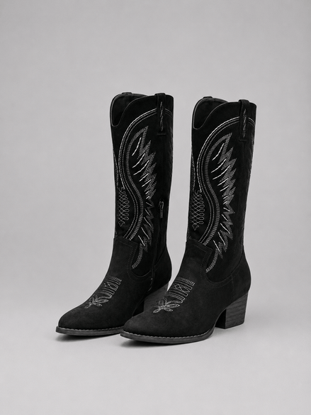 Suede Western Cowboy Knee-High Boots with Block Heel and Embroidered Stitching