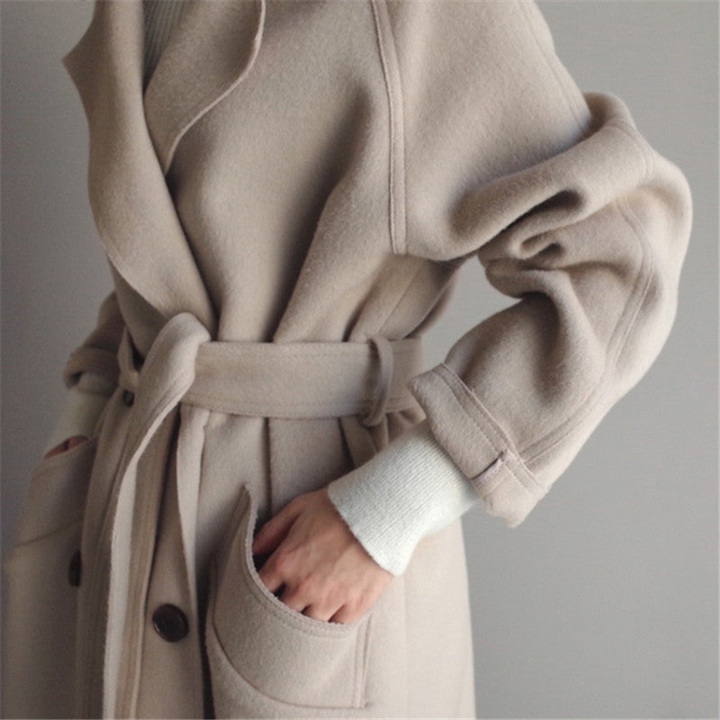Longline Double-Breasted Women's Wool Blend Coat for Winter