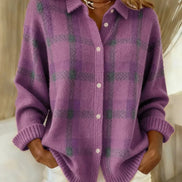 Women's Plaid Knit Button-Up Shirt Jumper with Collar