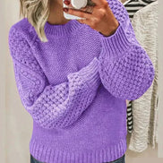 Hazel Textured Crew Neck Women's Knitted Jumper with Balloon Sleeves