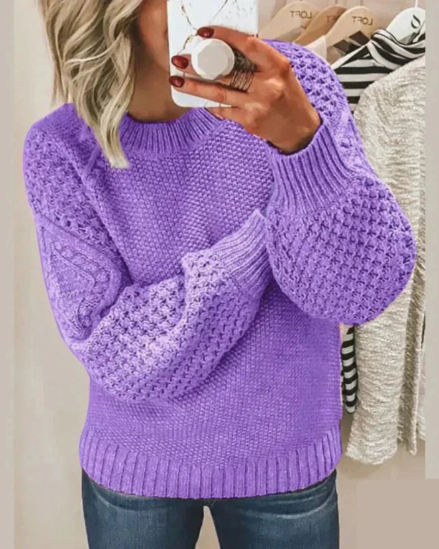 Hazel Textured Crew Neck Women's Knitted Jumper with Balloon Sleeves