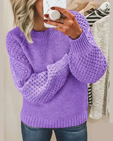 Hazel Textured Crew Neck Women's Knitted Jumper with Balloon Sleeves