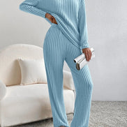 Women's Ribbed V-Neck Top and Trousers Two Piece Set