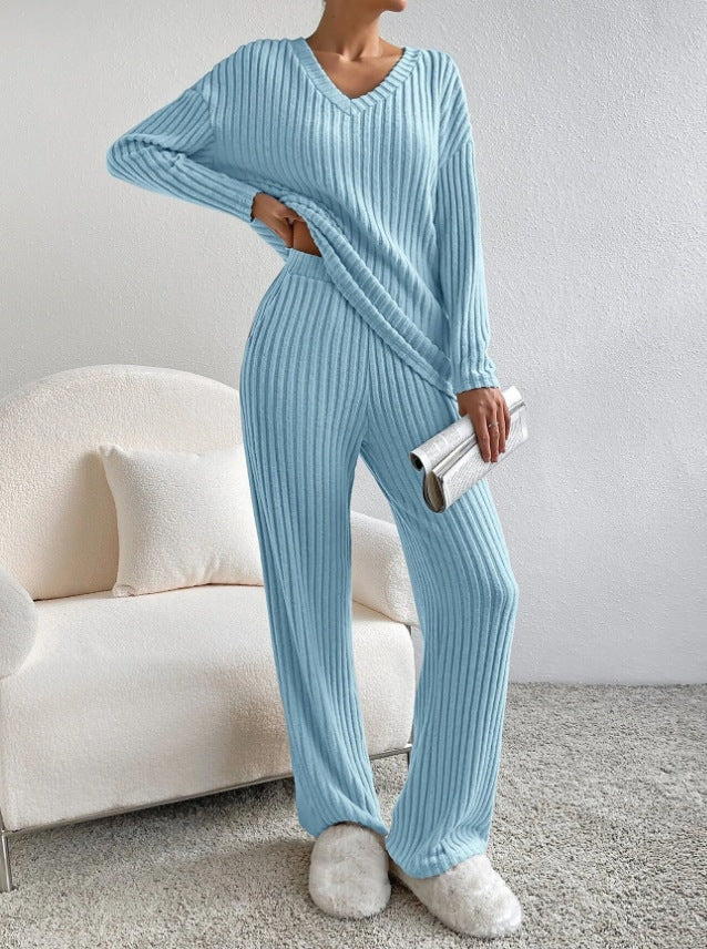 Women's Ribbed V-Neck Top and Trousers Two Piece Set