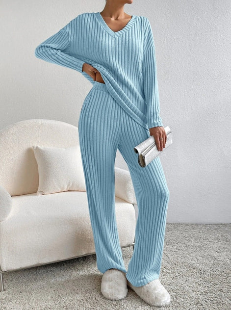 Women's Ribbed V-Neck Top and Trousers Two Piece Set