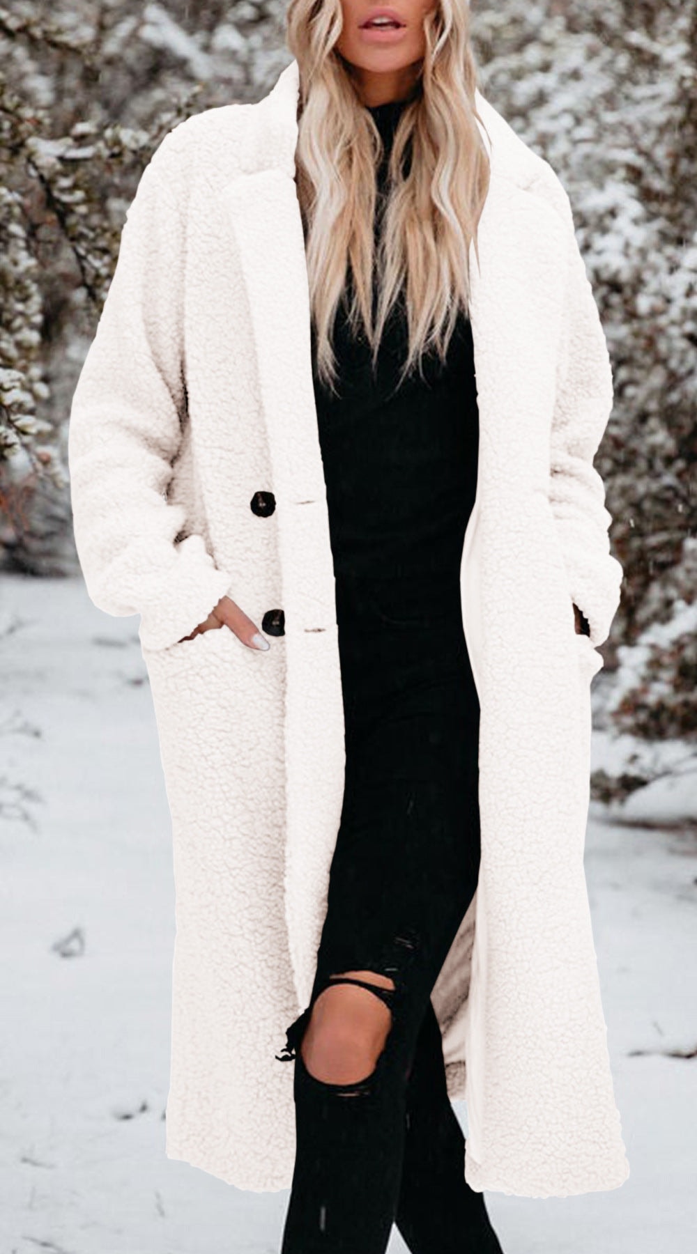 Women's Long Teddy Fleece Coat with Button Front Closure