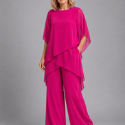 Women's Chiffon Two-Piece Co-Ord Set with Layered Top and Wide-Leg Trousers