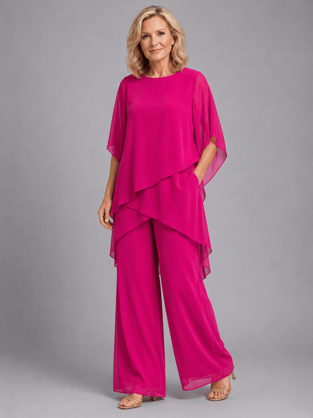Women's Chiffon Two-Piece Co-Ord Set with Layered Top and Wide-Leg Trousers