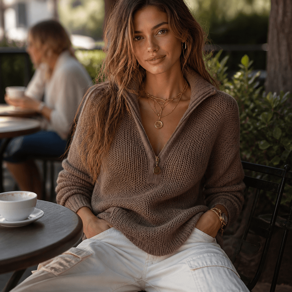Women's Half-Zip Textured Knit Jumper with Convertible Collar