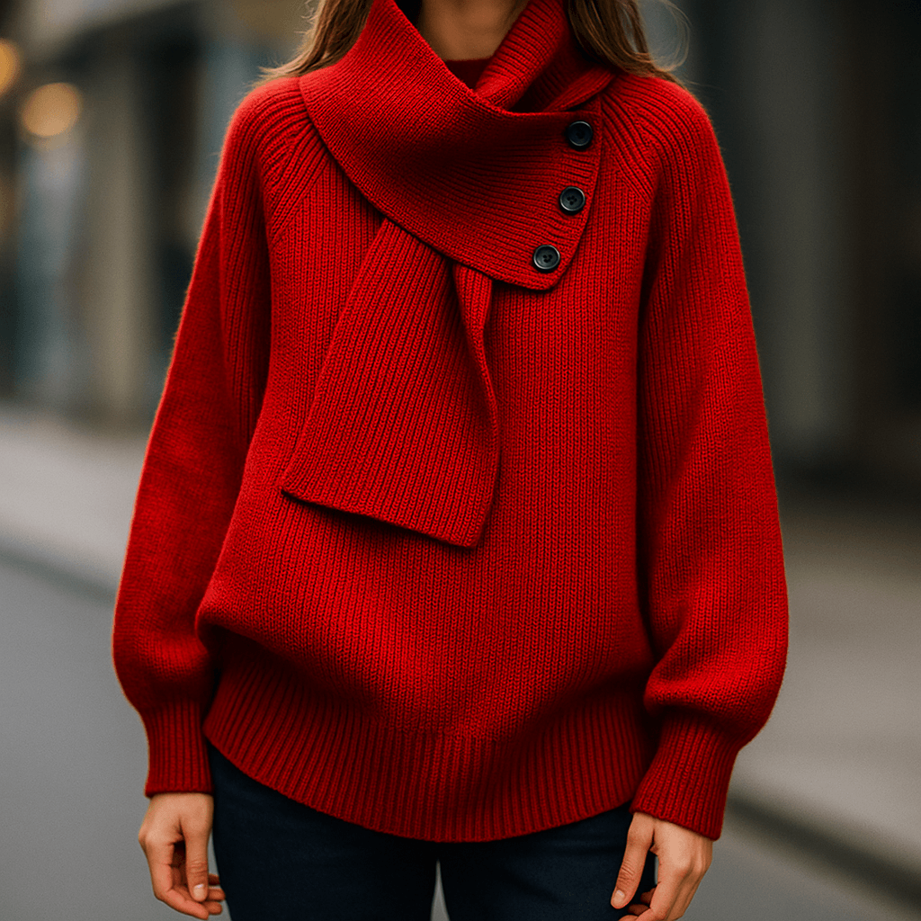Women's Ribbed Knit Jumper with Draped Scarf-Neck Collar