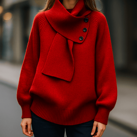 Women's Ribbed Knit Jumper with Draped Scarf-Neck Collar