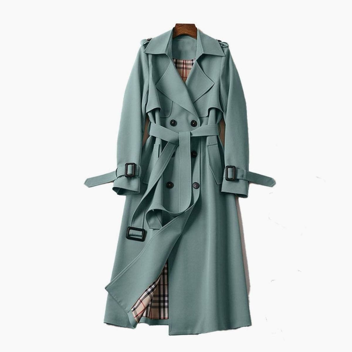 Women's Double-Breasted Belted Longline Polyester Trench Coat with Plaid Lining