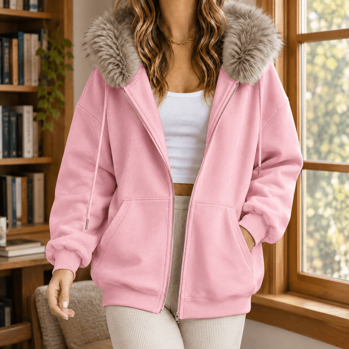 Ardith Oversized Fleece Hoodie with Fur-Trimmed Hood and Full-Length Zip