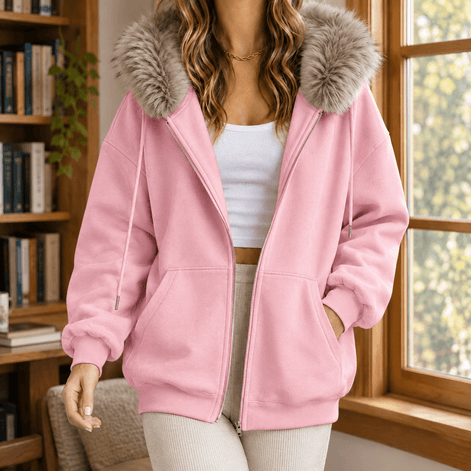 Ardith Oversized Fleece Hoodie with Fur-Trimmed Hood and Full-Length Zip