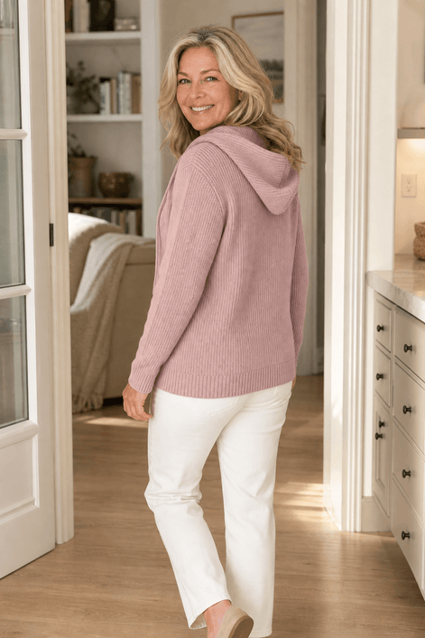 Women's Ribbed Zip-Up Hooded Cardigan with Drawstring Hood
