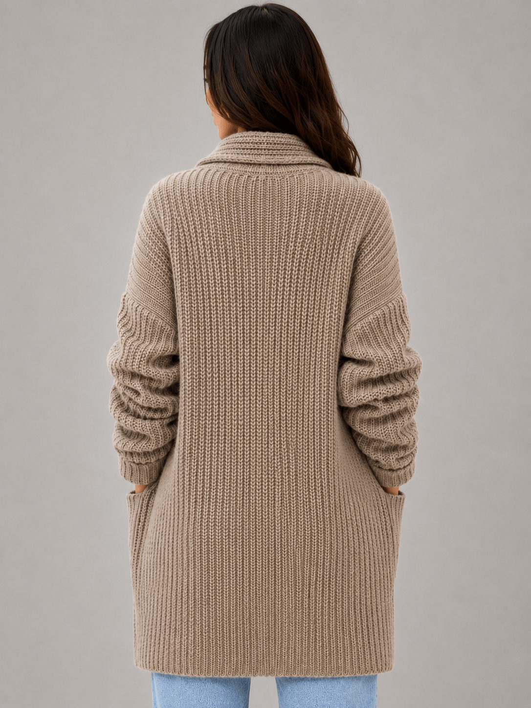 Longline Open-Front Knit Women's Cardigan with Shawl Collar and Pockets
