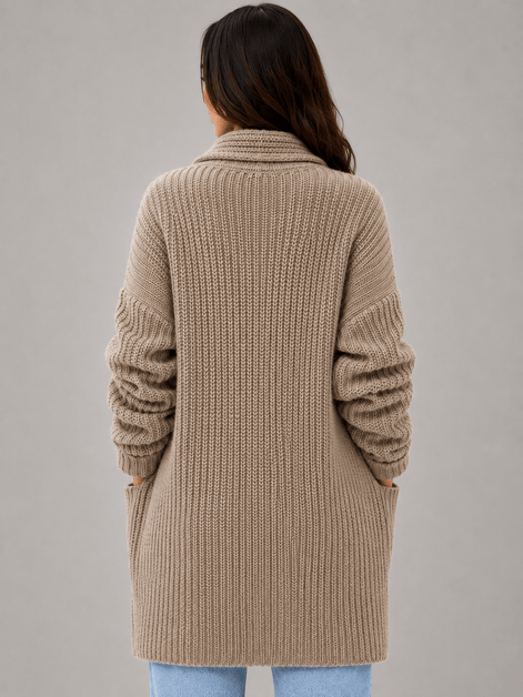 Longline Open-Front Knit Women's Cardigan with Shawl Collar and Pockets