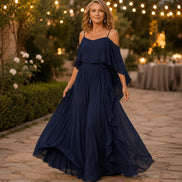 Solavia Cold-Shoulder Chiffon Women's Midi Dress with Cascading Side Drape