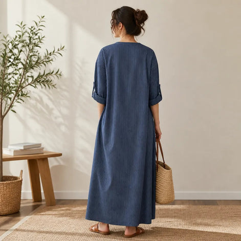 Vestara Striped V-Neck Maxi Dress with Pockets and Long Sleeves