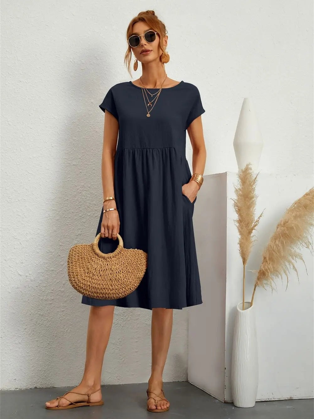 Women's Cotton Blend Christmas Party Shift Midi Dress with Pockets