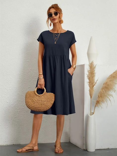 Women's Cotton Blend Christmas Party Shift Midi Dress with Pockets