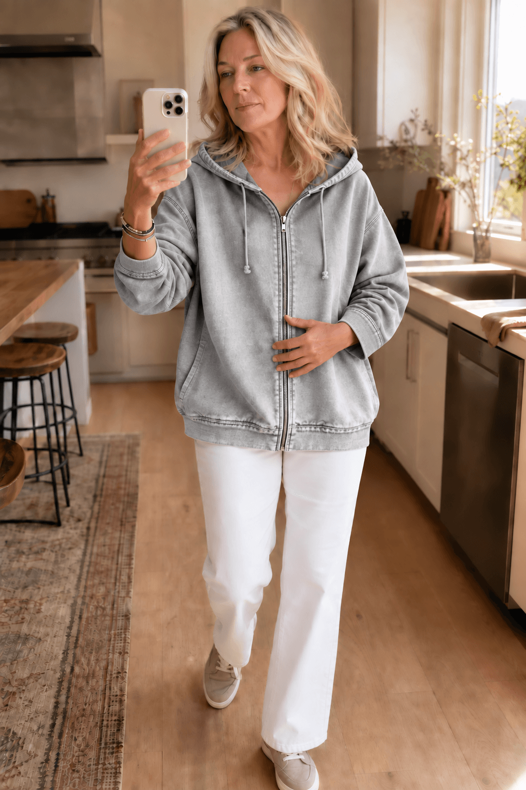 Women's Washed Relaxed Zip-Up Hoodie Jacket with Lined Hood