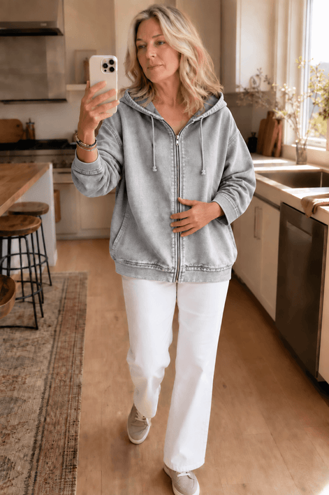 Women's Washed Relaxed Zip-Up Hoodie Jacket with Lined Hood