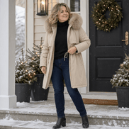 Women's Hooded Mid-Length Parka Coat with Faux-Fur Trim