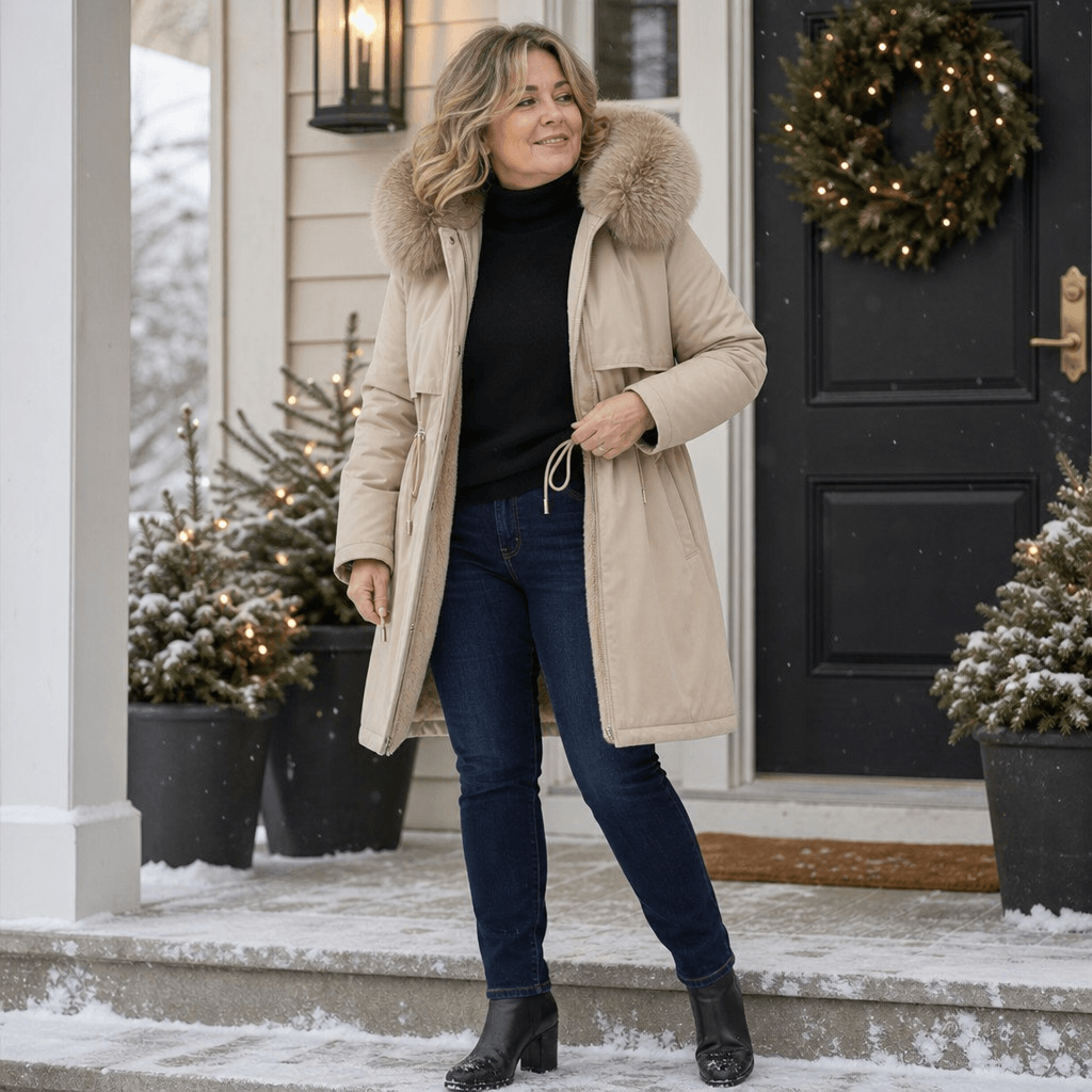 Women's Hooded Mid-Length Parka Coat with Faux-Fur Trim