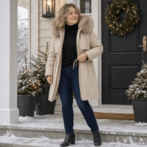 Women's Hooded Mid-Length Parka Coat with Faux-Fur Trim