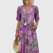 Bella Floral V-Neck Midi Dress with Pockets in Polyester