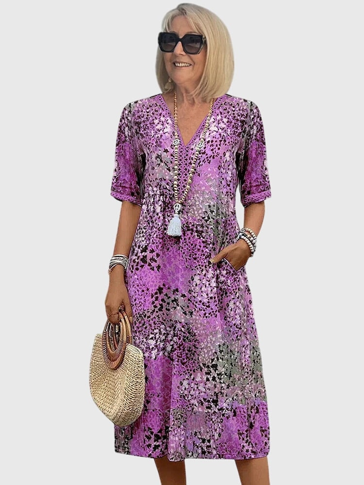 Bella Floral V-Neck Midi Dress with Pockets in Polyester