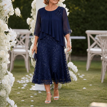 Elavine Sheer-Sleeve Floral Lace Overlay Chiffon Women's Midi Dress