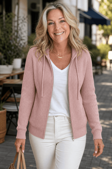 Women's Ribbed Zip-Up Hooded Cardigan with Drawstring Hood