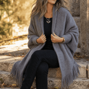 Fringe-Trim Draped Shawl Collar Open-Front Wool Winter Coat for Women