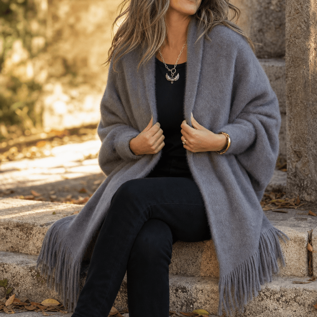 Fringe-Trim Draped Shawl Collar Open-Front Wool Winter Coat for Women