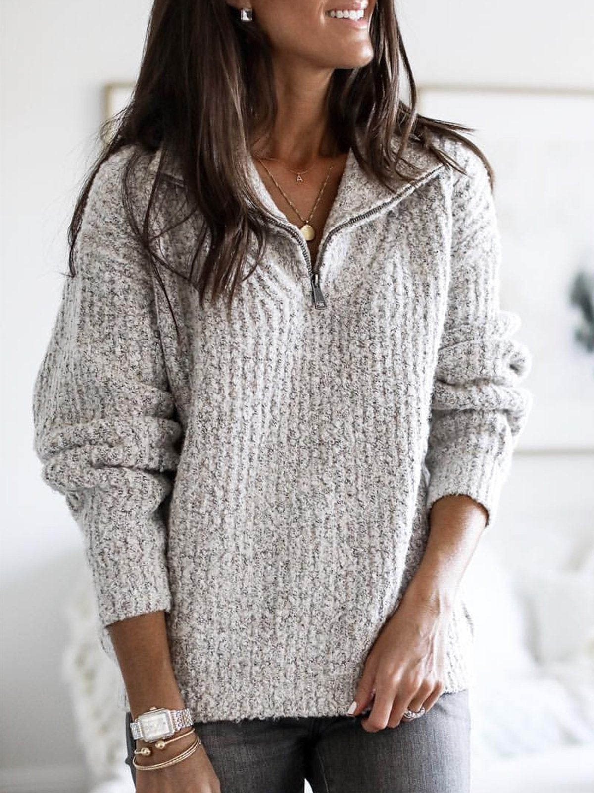 Women's Half-Zip Textured Knitted Jumper with Stand Collar