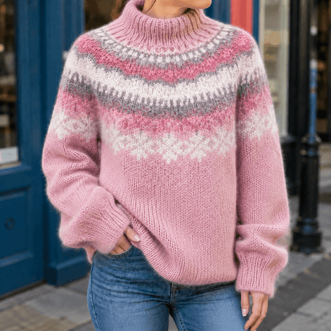 Women's Fair Isle Patterned Knitted Jumper with Ribbed Cuffs