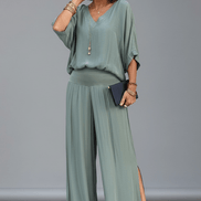 Adeline Draped Blouson Top and Wide-Leg Trouser Two Piece Set