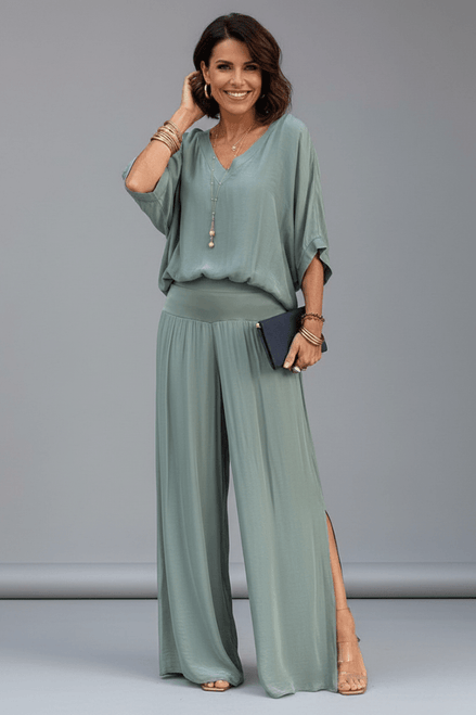 Adeline Draped Blouson Top and Wide-Leg Trouser Two Piece Set