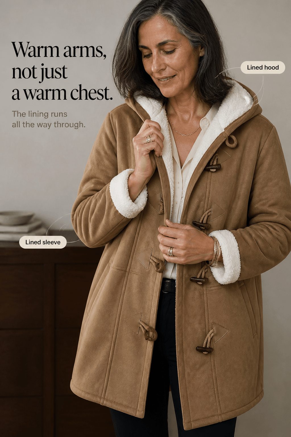 Women's Hooded Faux Suede Toggle Coat with Plush Sherpa Lining