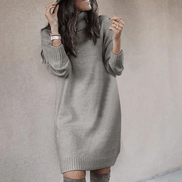 Women's Roll Neck Long Sleeve Knitted Jumper Dress with Ribbed Cuffs