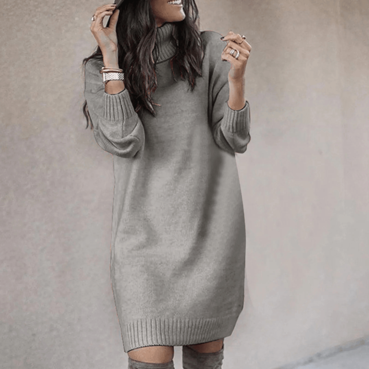 Women's Roll Neck Long Sleeve Knitted Jumper Dress with Ribbed Cuffs