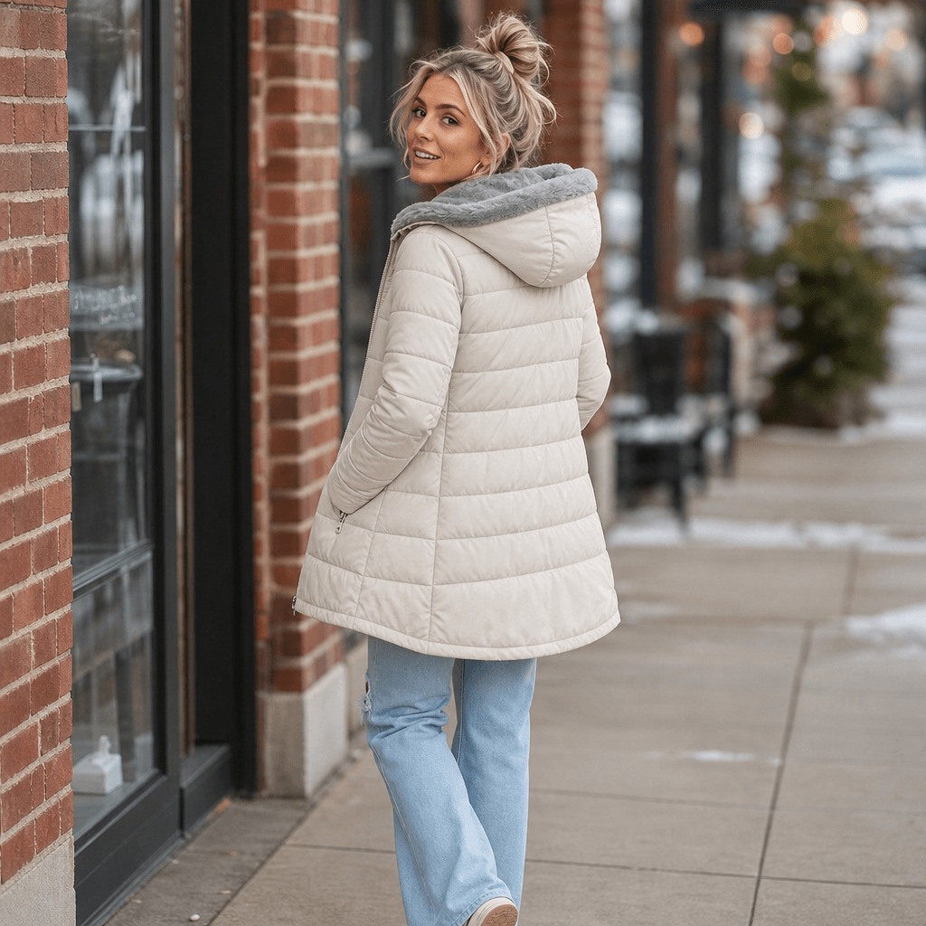 Women's Longline Quilted Puffer Jacket with Hood and Zip Pockets