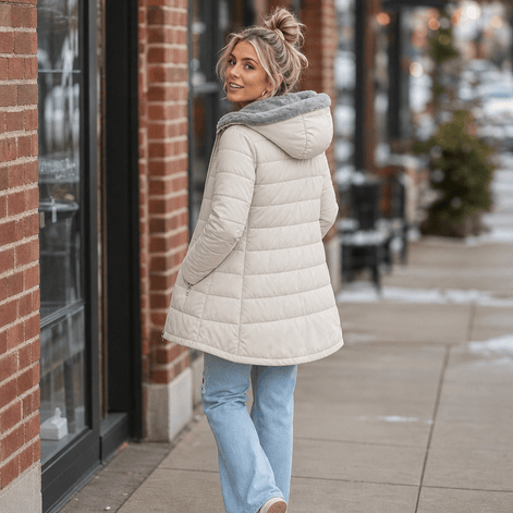 Women's Longline Quilted Puffer Jacket with Hood and Zip Pockets