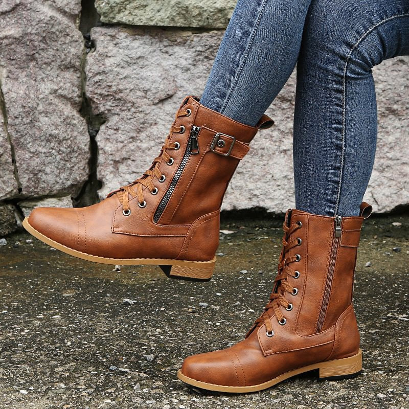 Hazel Lace-Up Combat Boots with Side Zip and Buckle Detail in Faux Leather