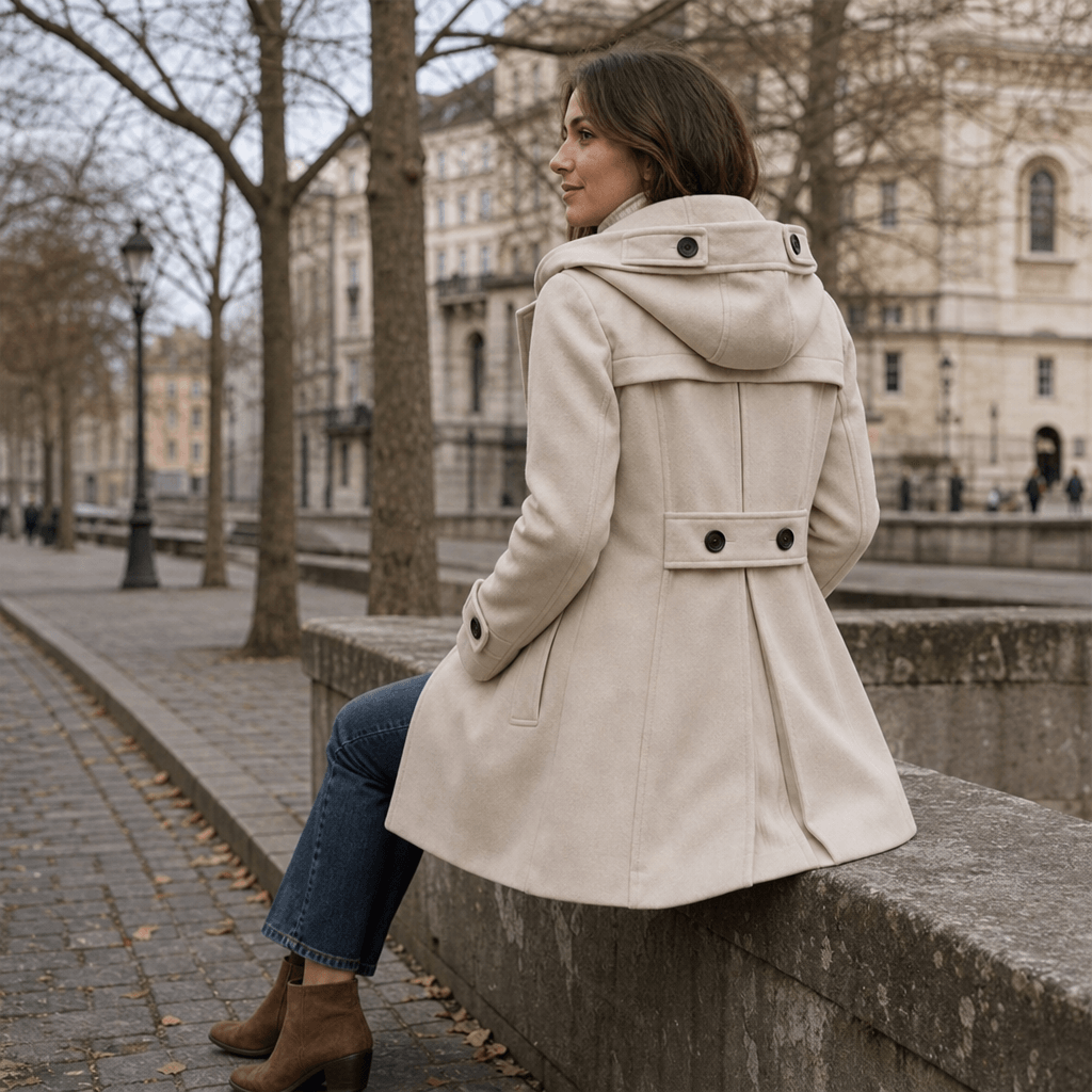 Edwina Women's Double-Breasted Hooded Winter Coat with Wide Collar
