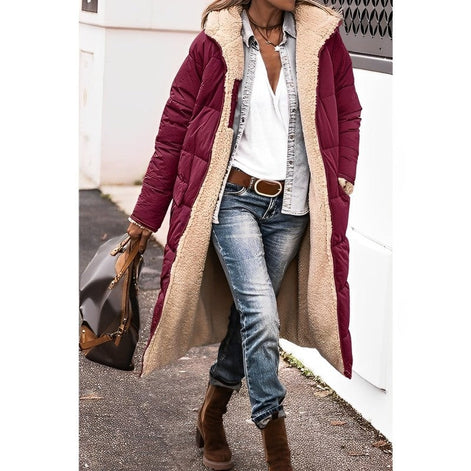 Women's Long Polyester Coat with Teddy Fleece Lining and Hood