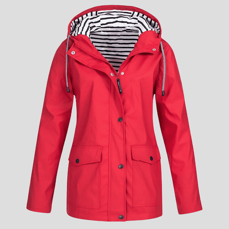 Women's Waterproof Hooded Rain Jacket with Zip Front and Snap Button Pockets