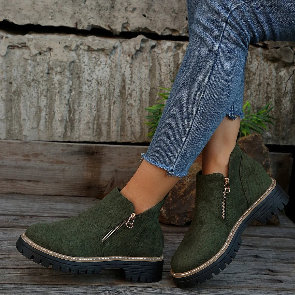 Ivette Faux Suede Lug-Sole Women's Ankle Boots with Side Zip